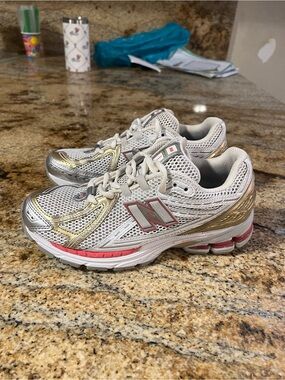 New Balance Women's Silver Mesh Sneakers with Gold & Pink Trim